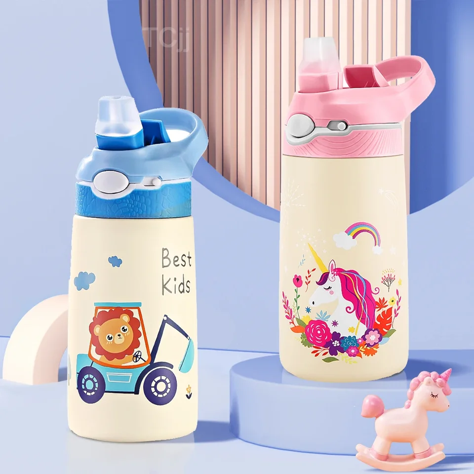 400 ml roztomilých detí termos fľaša Thermos fľaša so zdravou slamkou a BPA zadarmo pre školské deti vianočné darčeky Karikačné zviera
