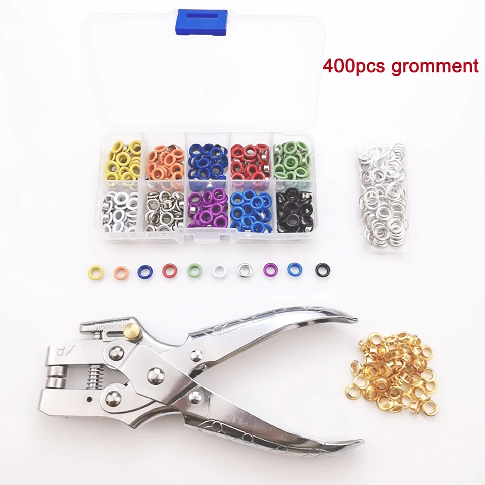 400 Set 5 mm kovové očné viečka priechodky s dierovacím kliešťom s viacfarebným DIY manuálnym nástrojom pre kožené textilné pásové oblečenie remeselníkové topánky