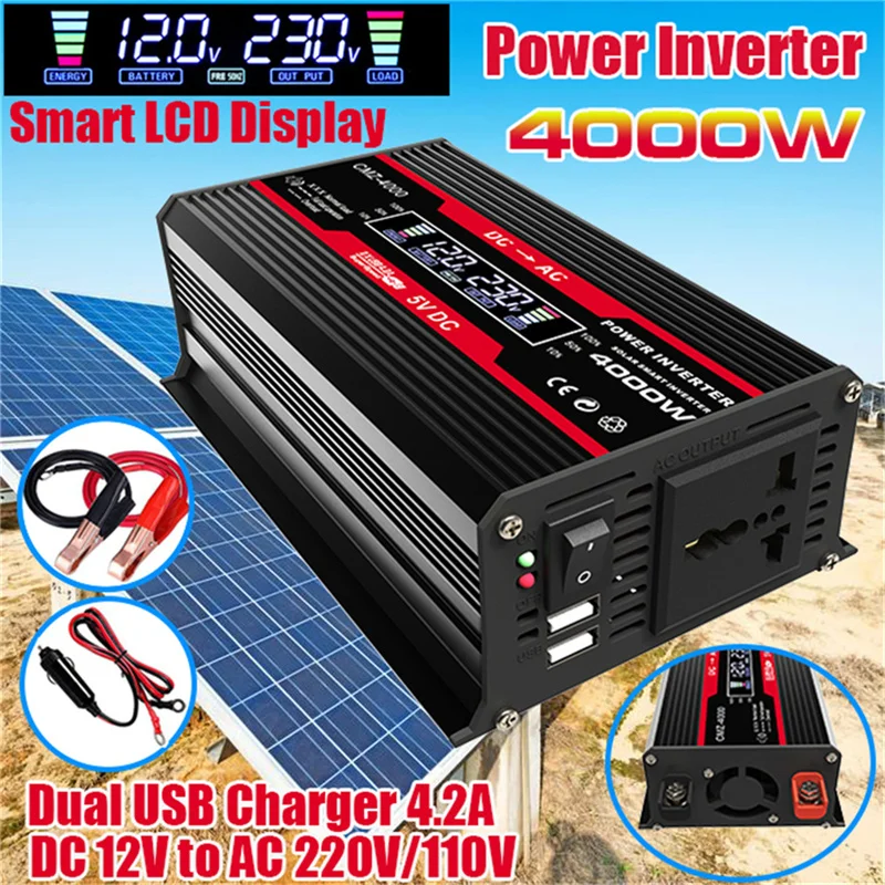 4000W invertorový invertor vozidla s výkonom vozidla DC 12V až AC 220V 110V Auto nabíjača prevodníka s dvojitým USB Adaptér