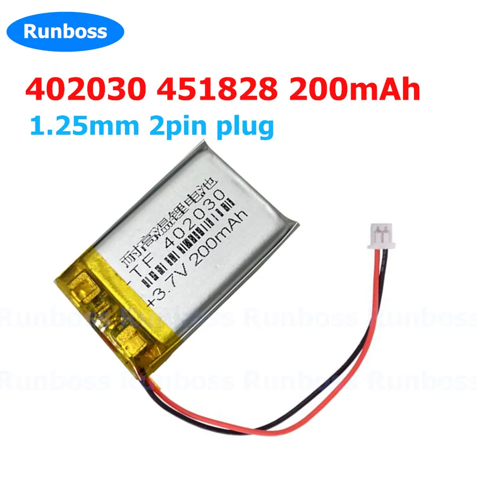 402030 451828 200MAH 3,7V Littium Polymer Lipo batéria 1,25 mm 2pin zástrčka pre MP3 MP4 Bluetooth GPS zaznamenáva zaznamenávacie pero