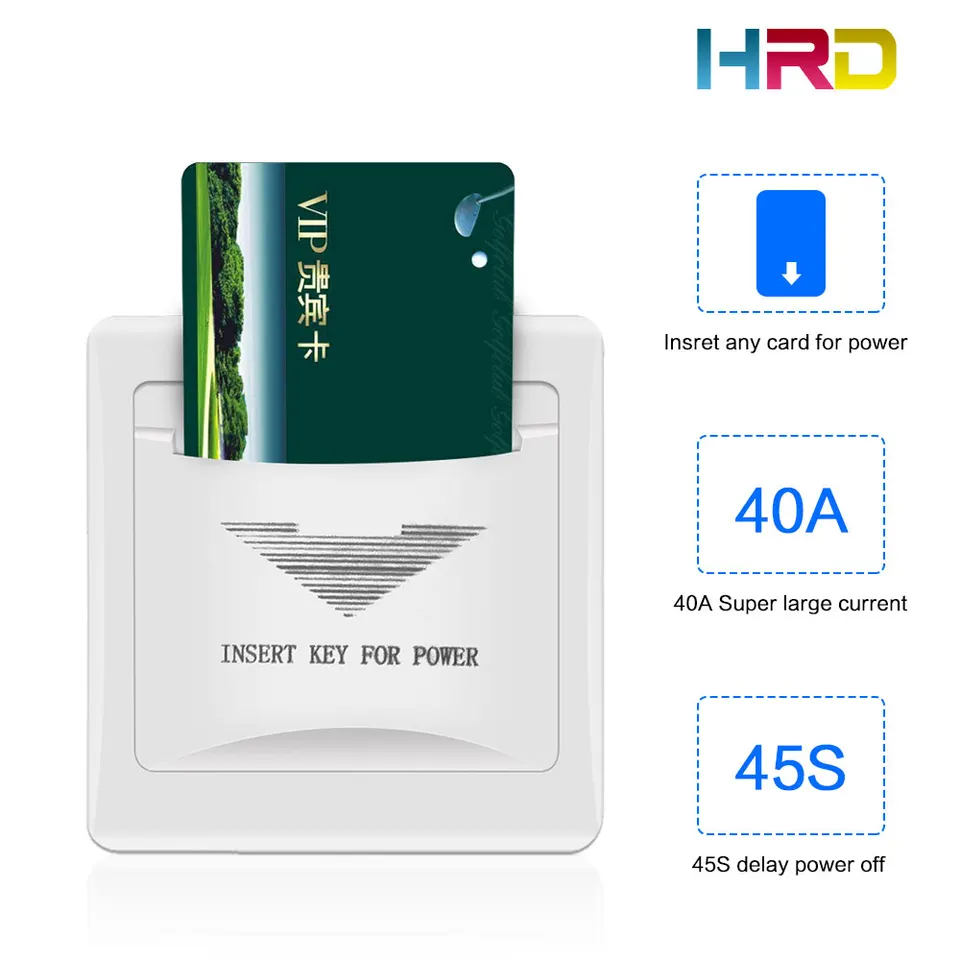 40A Hotel Wall Switch White Vložte ľubovoľný plastový papier PVC RFID 125 kHz/13,56MHz karta, aby ste si vzali napájanie 45 s oneskorením mimo spínača hostí