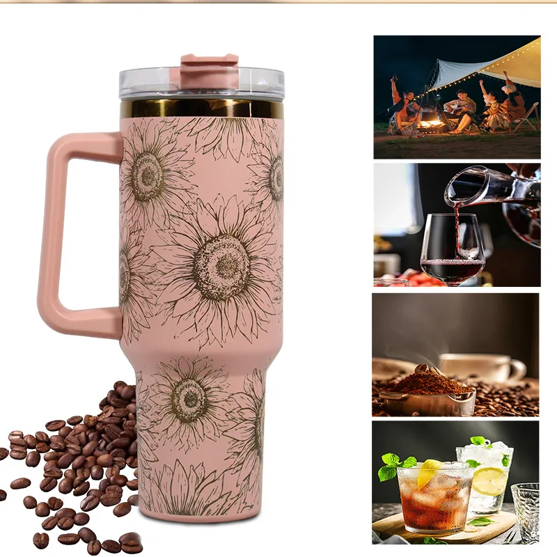 40oz Thermos Cup s handle šálkou laserového slnečnice iónov 304 dvojvrstvová z nehrdzavejúcej ocele poháň