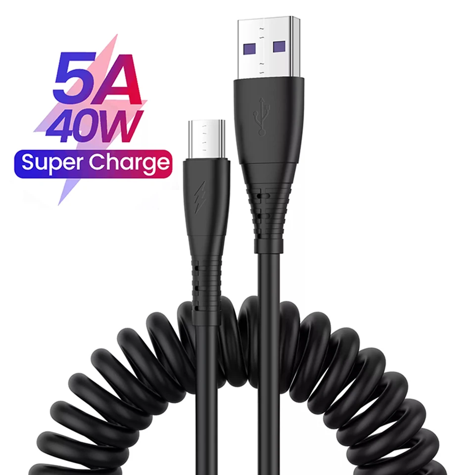 40W 5A Typ C Auto Spring Stretch Rýchle nabíjacie kábel pre Huawei Xiaomi Samsung Data Cable Accessories Android Micro USB nabíjanie