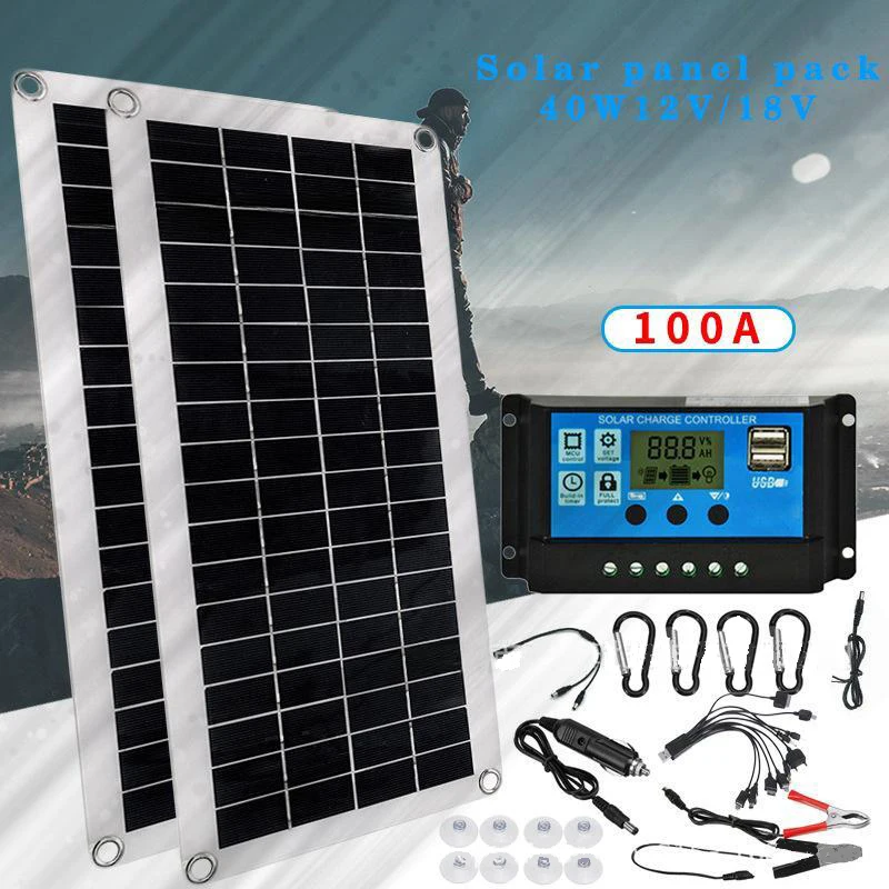 40W Solárny panel 12v/18v Solárny článok 10A-100A Ovládač Solárna doska Súprava pre telefón RV Car Caravan Domov kemping vonkajšia batéria