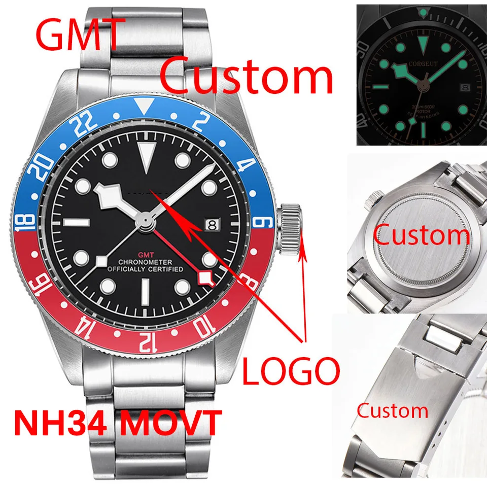 41 mm GMT Pánske mechanické hodinky 100 metrov vodotesné vlastné logo zafírové sklo z nehrdzavejúcej ocele Automatické muži hodinky