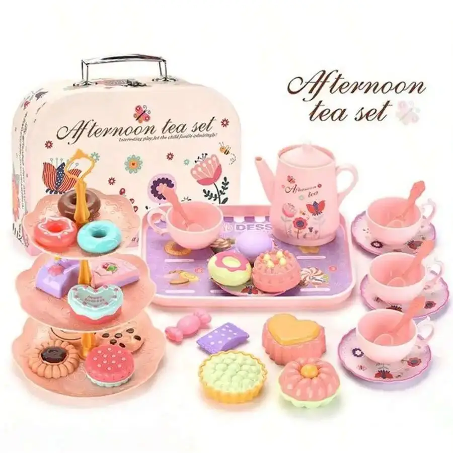 42 kusov dievčatka Tea Party Set, kuchyňa Predstierajte, že hráte s čajom s dezertnými sušienkami, šiškami, čajovým hrncom, princeznou GI