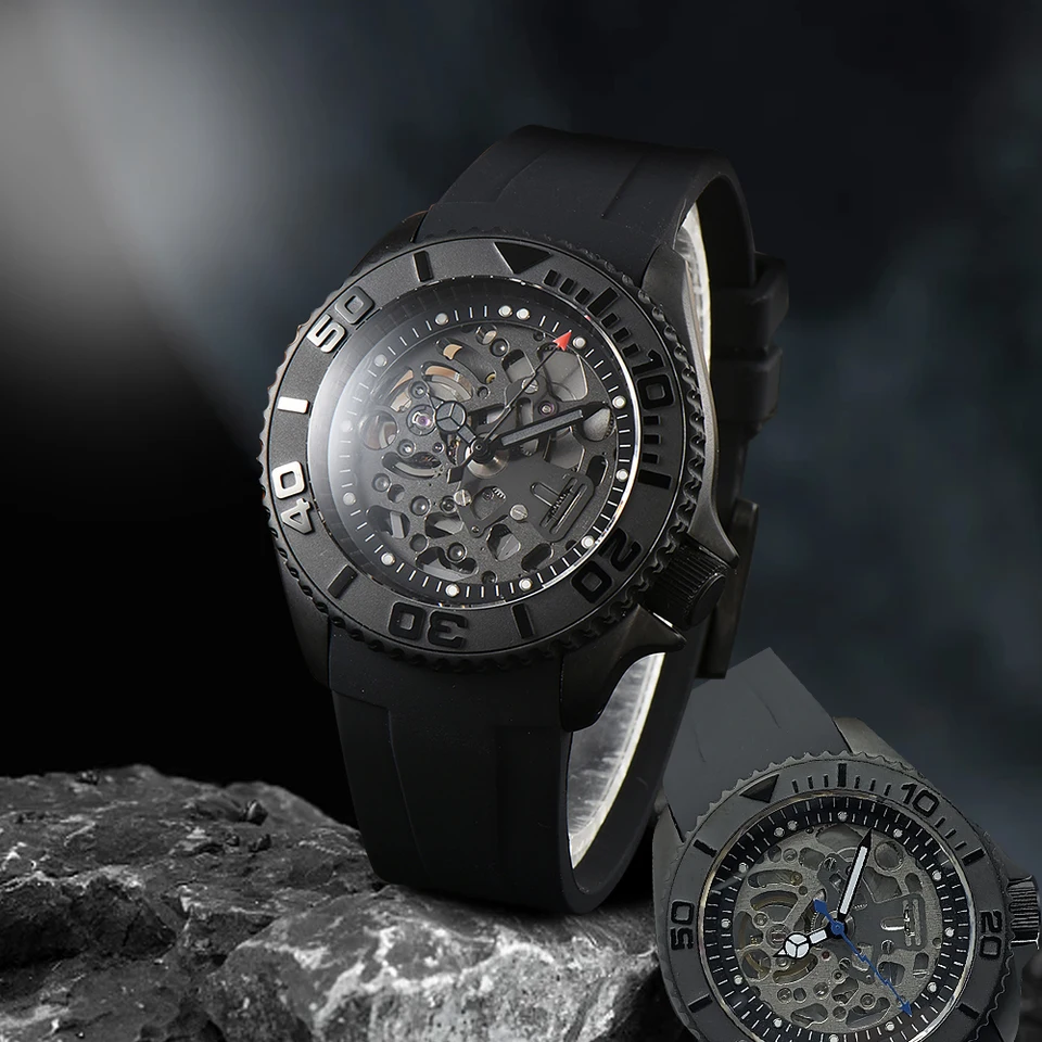42 mm New Dutlow-out Skeleton Sapphire Pánske náramkové hodinky Luxusné automatické mechanické hodinky NH70/72 Pohybový gumový remienok