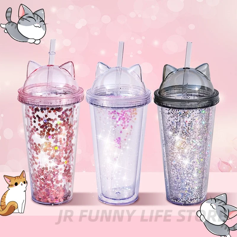 420 ml fľaša na uši mačky pre dievčatá s flitrami BPA Free Double Wall Tumbler so slamou opakovane použiteľný smoothie Cup Drinkware