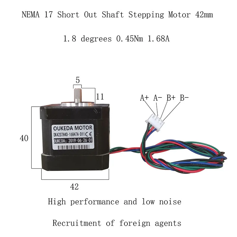 42Bygh40 NEMA 17 2-fázový dĺžka krátkych hriadeľ 11 krokových motorov 42 mm 1,8 stupňov 0,45 nm 1,68A premytia plochý hriadeľ 42