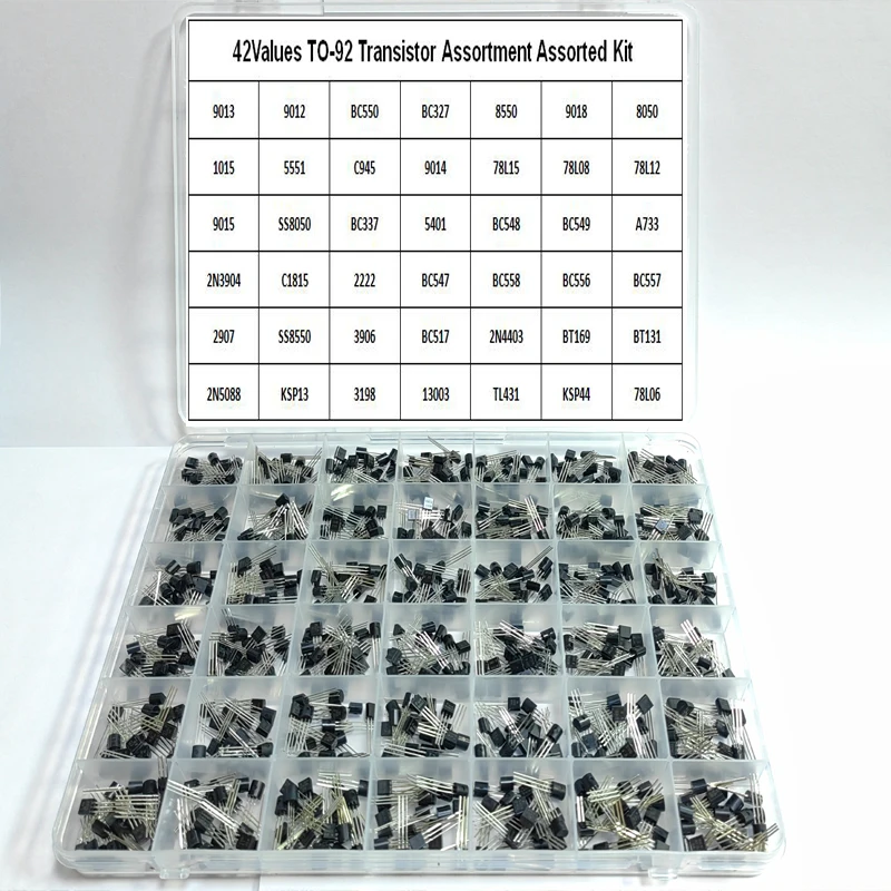 42Values ​​Transistors Kit NPN PNP S8050 S8550 S9012 2N3904 2N3906 C1815 A1015 MJE13001 BC327 BC337 BC517 BC547 BC548 BC549 BC558