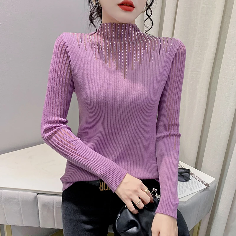 #4324 Pletený sveter Ženy Spevná farba sexy rozdelený kĺbový sieťový diamant napoly vysoký golier Skinny pletená pullover dámsky elastický