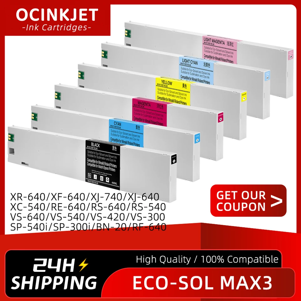 440 ml pre Roland Eco-Sol MAX3 Kompatibilný atramentový kazeta plná s atramentom s rozpúšťadlom pre BN-20 RF-640 XF-640 RE640 RA-640 RS-640