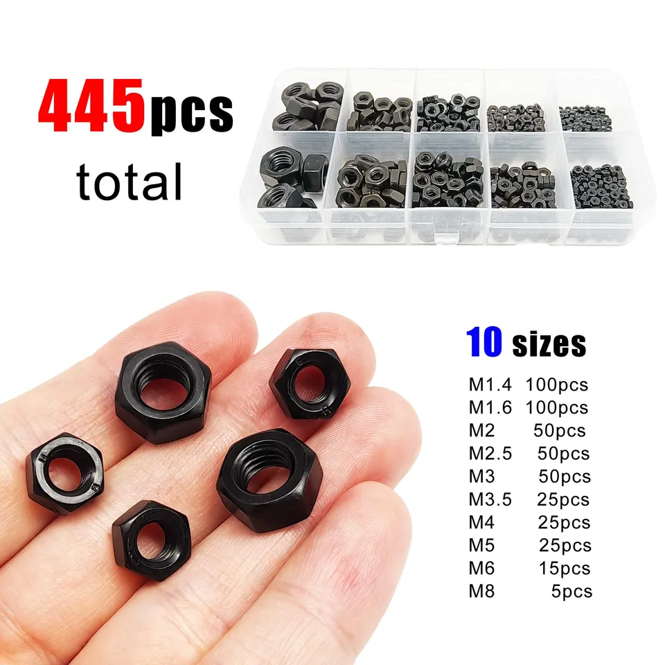 445ks/krabica Small Micro M1,4 M1,6 m2 m2.5 m3 m3.5 m4 m5 m6 m8 hex hexagon hexagon nut sort sortment sortment sortiment čierna uhlíková oceľ mosadz din934