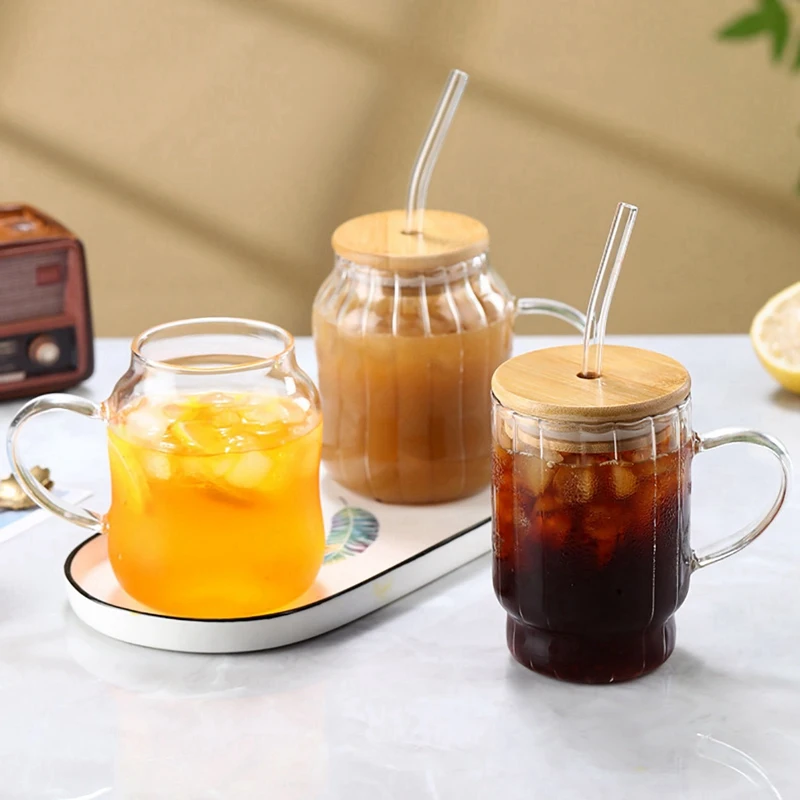 450 ml štvorcový hrnček s viečkami a slamkami s jednou farbou rukoväte vrstvy Pitie sklenených šálok pre ľadové kávové mlieko Čajové voda