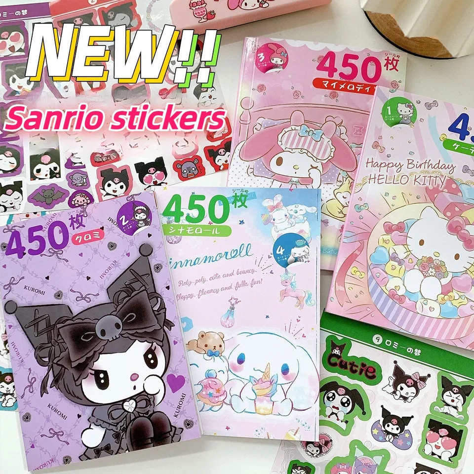 450ks Sanrio Kuromi Hello Kitty Sticker Book Melody Goo Card Cartoon Kawaii Sticker Ručne dekorácie pre dievčatá darček