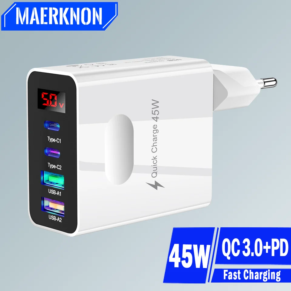 45W USB C nabíjačka 4 porty rýchle nabíjanie digitálneho displeja Adaptér pre mobilný telefón pre iPhone 15 Xiaomi Huawei QC 3.0 Wall PD nabíjačka