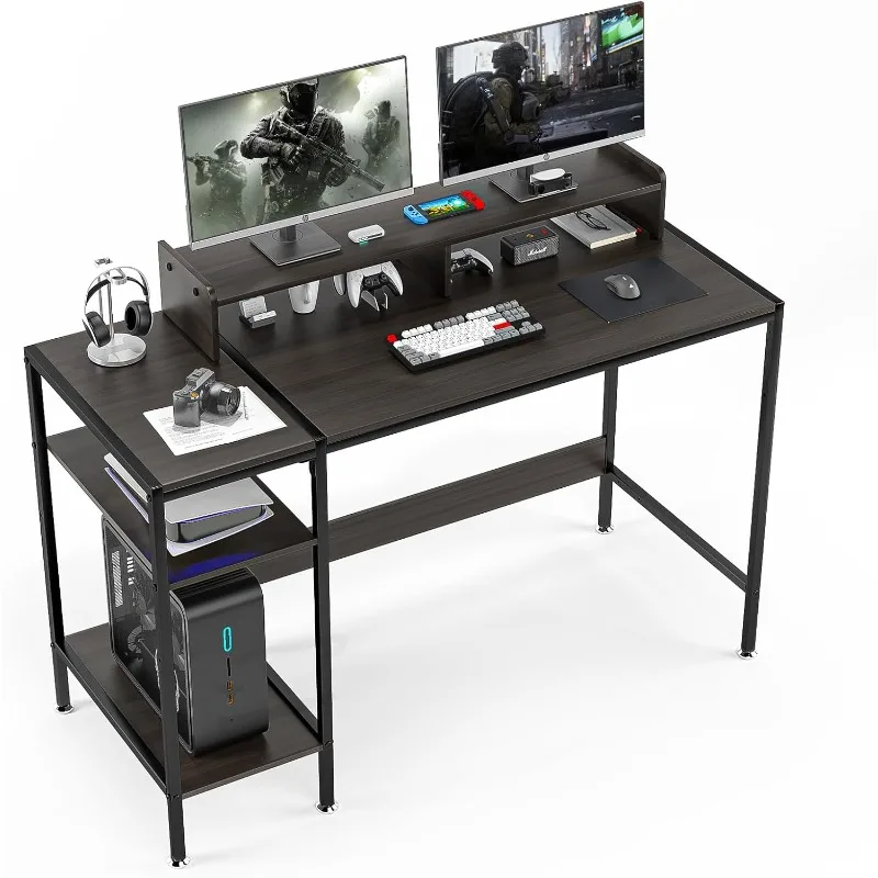 47 ”herný stôl/počítačový stôl ， stola domácej kancelárie so stojanom na monitor, písanie pre 2 monitory, nastaviteľný úložný priestor pre stôl