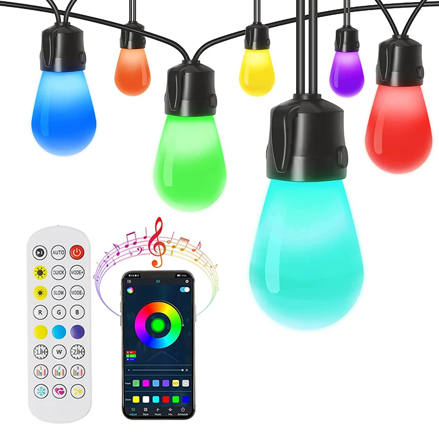 48 stôp inteligentná aplikácia a vzdialené outdoorové strunové svetlá Color Zmena RGBW terasa Fairy Light Svadobné závesné girlandské svetlo pre bistro dekoráciu