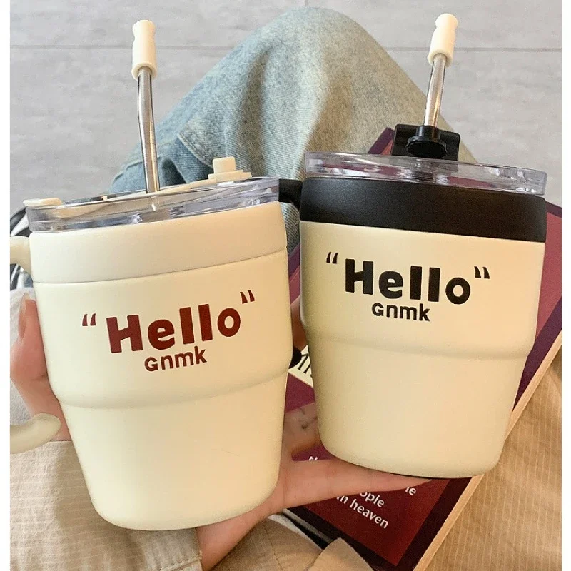 480 ml 304 Nerezová kávová kávová hrnček s vekom a slamenou kanceláriou Izolované mlieko studený nápoj Tea Prenosné fľaše s termosom Thermos