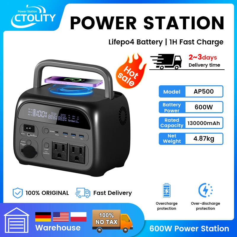481Wh 600W Prenosná elektráreň UPS Funkcia US Stock Stock Shap Ship Kemping batéria 110V AC STARTS PURE SINE WAVE