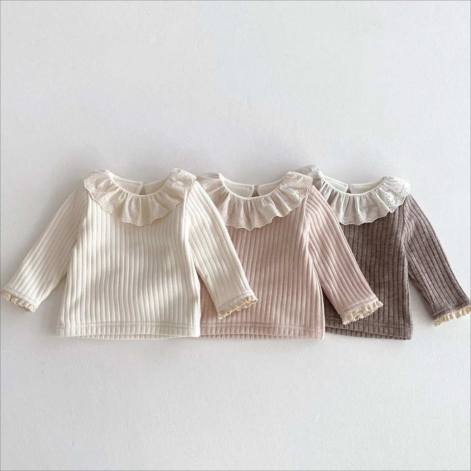 4839 Kórejské detské tričko 2024 Jeseň Zimná zima Nová obojok obojku Doll Lace Bottoming Plus Velvet dievčatko topy dievčat
