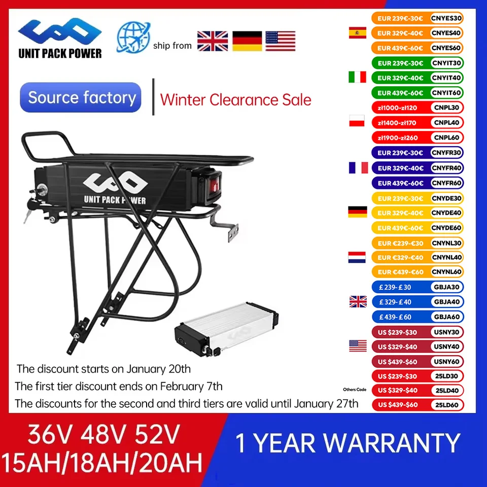 48V 15AH Zadný stojan na elektrickú ebike batériu 36 V 15AH NÁVOD BATTERICKÁ LITHIUM 48V 18AH 52V 20AH pre 1500 W 1000W 750W 500W Motor