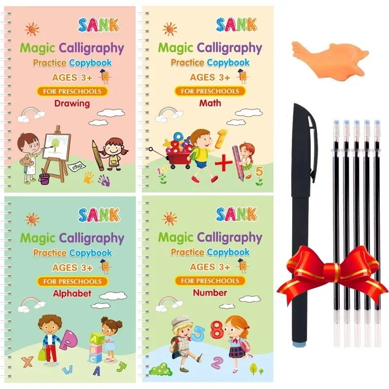 4booky postihli magickú prax copybook Pen Predškolské zariadenia Kids Calligraphy Zadarmo vymazanie detí opakovane použiteľné písanie knihy
