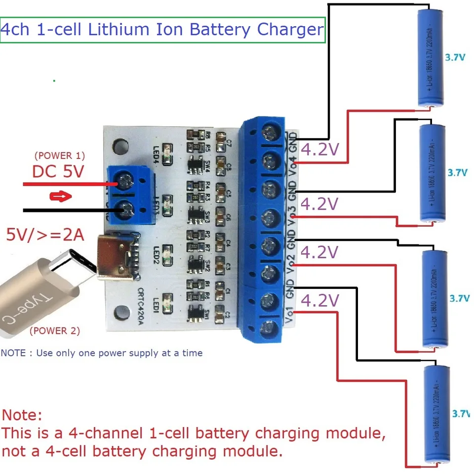 4CH TYPY-C USB 3,7V 4.2V Lipo Polymér Li-ión lítium nabíjačka nabíjačky pre Arduiuo Power Bank ESP32 ESP8266