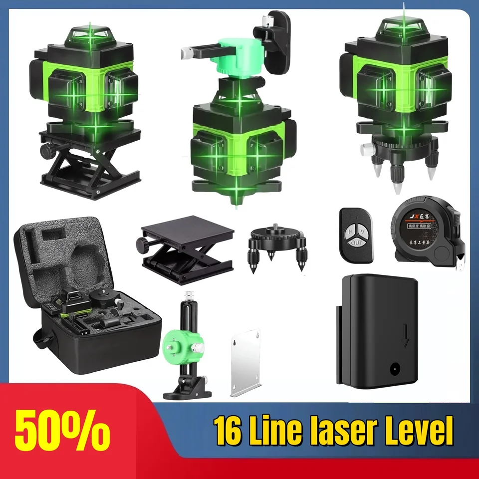 4D 16 riadky Profesionálne 360 ​​° Self-Tvorba vodorovného a vertikálneho diaľkového ovládača zelená čiara laserová úroveň 2400 mAh li-iónová batéria
