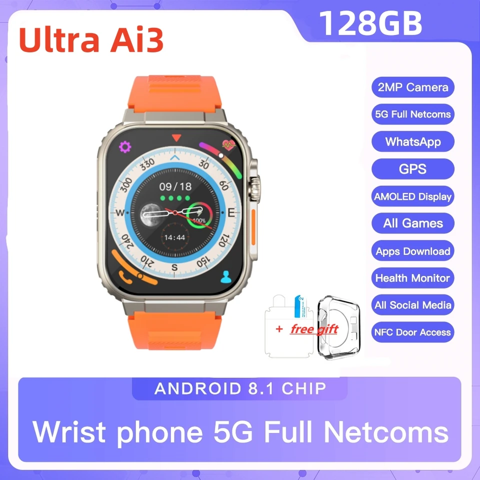 4G Full Netcoms Smart Watch for Men Women Ultra Ai 3 4G Android Watch SIM Card 128 GB GPS WiFi Aplikácia Stiahnite si 49 mm inteligentné hodinky