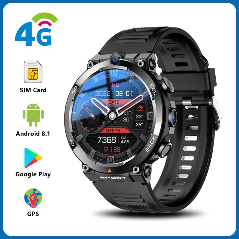 4G Network Dual Camera Smart Watch 1,39-palcový GPS WiFi SIM NFC Rugged 64G-ROM Google Play IP67 Android Men Women Smartwatch
