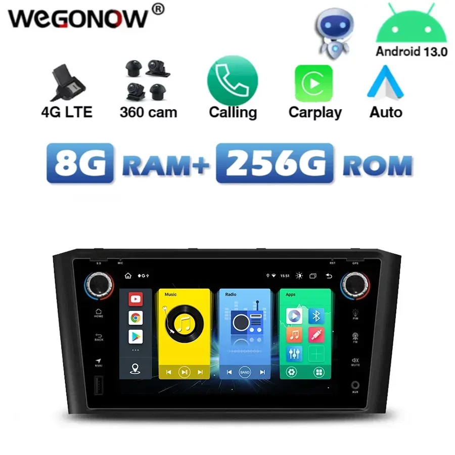 4G SIM CarPlay Auto Android 13,0 8G+256G DVD Player WiFi RDS Rádio GPS mapa Bluetooth 5.0 pre Toyota Avensis T25 2003-2009