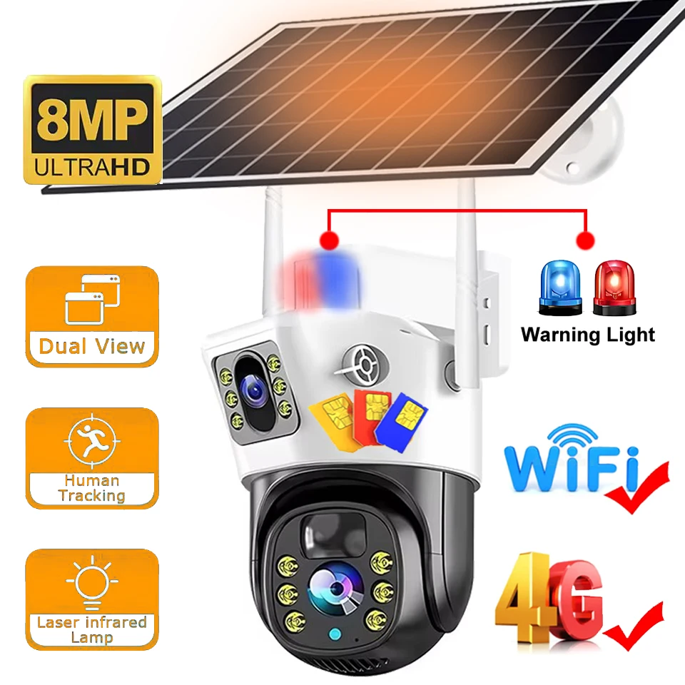 4G SIM karta Duálny šošovkový solárny fotoaparát 4k 8MP WiFi Sledovanie kamery Video Video bezpečnosť ochrana Smart Home Wi-Fi Ip Outdoor CCTV