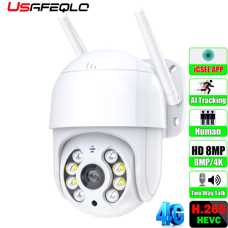 4G SIM karta IP fotoaparát 8MP 4MP PTZ Domáca bezpečnosť Camera Camera Outdoor Auto Tracking 1080p HD CCTV Video Surveillance ICSEE