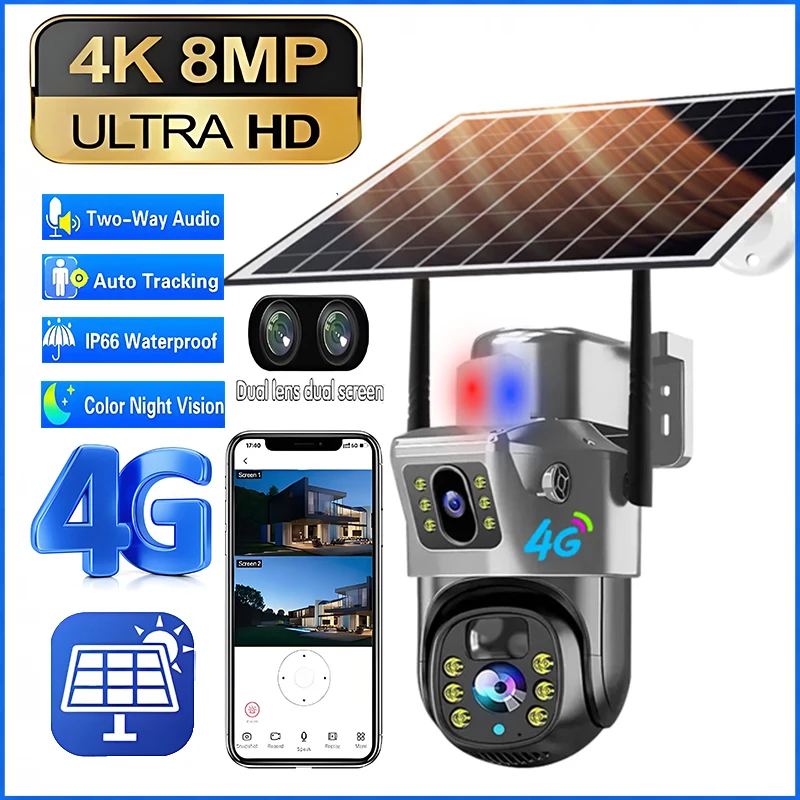 4G SIM karta vonkajšia solárna kamera 4K 8MP IP PTZ Sledovanie CCTV Duálna obrazovka Pir Night Vision Mobile Detection Security Camera