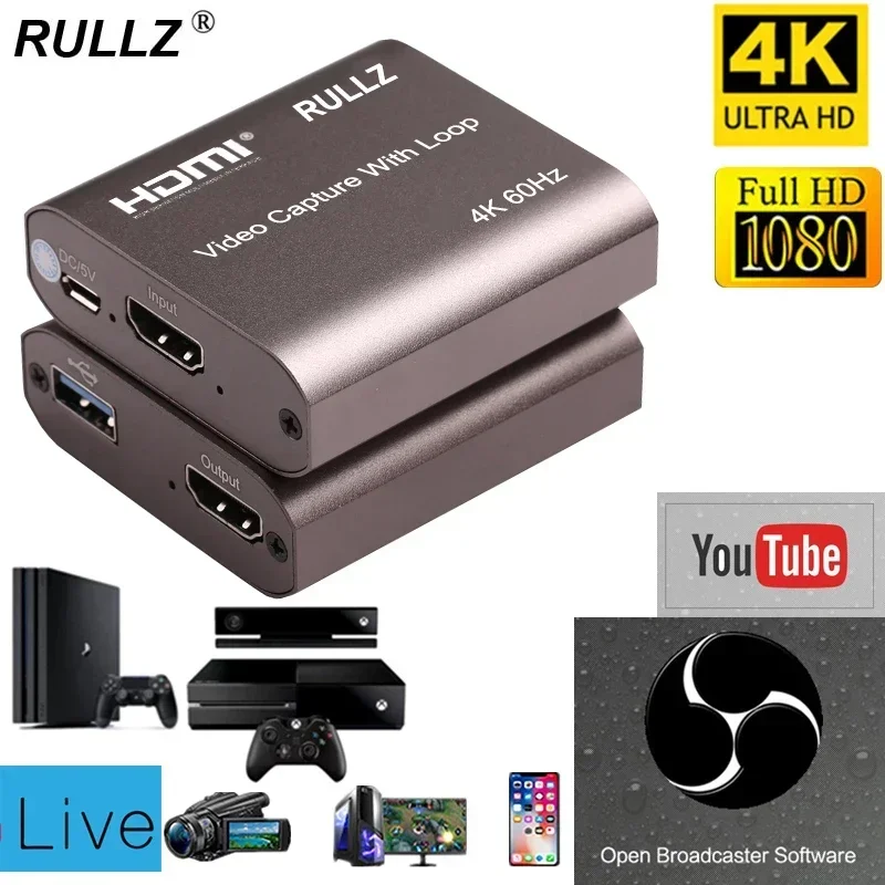 4K 60 Hz slučka HDMI Capture Card Card Placa de Video Recording Plate Live Streaming USB 2.0 3.0 1080p Grabber pre DVD Camera PS4 Game DVD