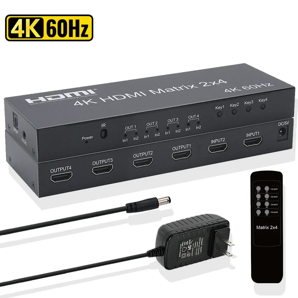 4K 60Hz HDMI Matrix Switch 2x4 Video matica s spínacom spdif AUX Audio Extractor HDMI Splitter 2 v 4 Out HDCP2.2 pre PC PS5