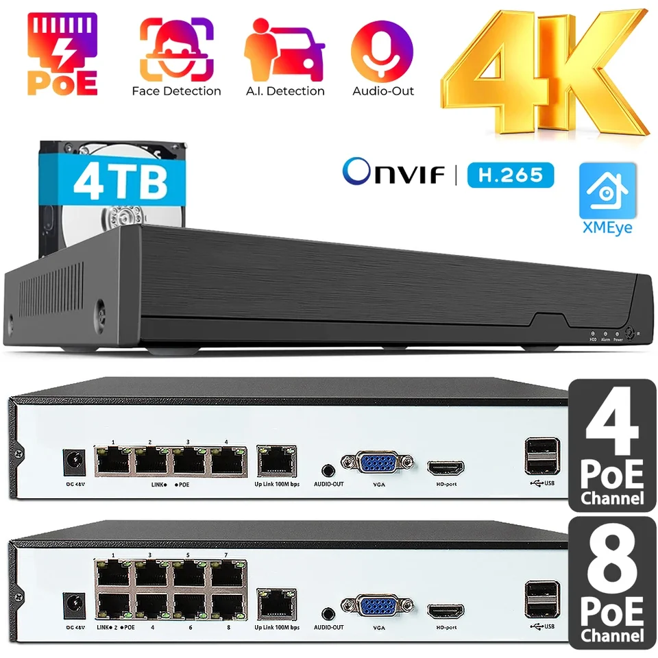 4K 8ch Poe NVR (1080p/3MP/4MP/5MP/8MP) Video rekordér siete, rekordér CCTV pre 8x 8MP IP kamery, 8-kanálový výkon cez Ethernet