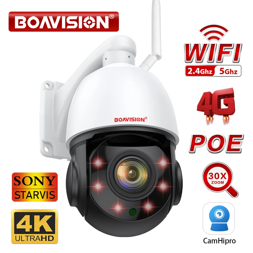 4K 8MP Dozorná kamera WiFi/4G SIM karta/Poe 30x PTZ Outdoor Human Auto Tracking 2-Cesta Audio 2,4 GHz 5 GHz WiFi Security Camera
