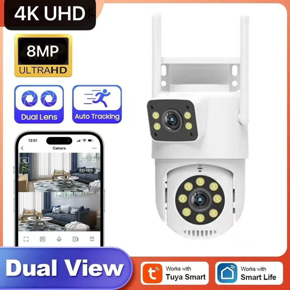 4K 8MP Dual Dual Lens PTZ WiFi Camera Full HD Dual Screen AI Human Auto Tracking Outdoor 4MP Security Surveillance Camera TUYA