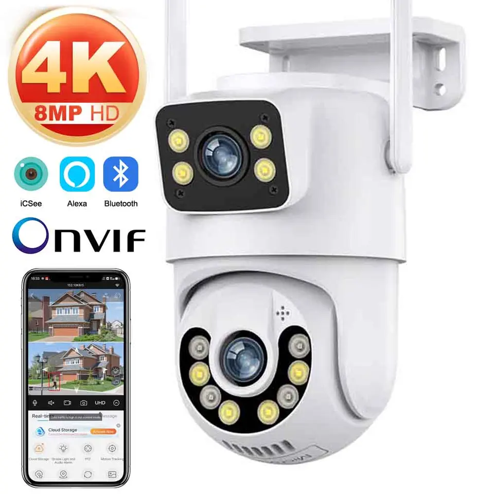 4K 8MP Duálna obrazovka Duálna šošovka WiFi Fotoaparát 2K PTZ Camera Outdoor IP66 nepremokavá automatická sledovanie bezpečnostného kamery Sledovanie ICSEE