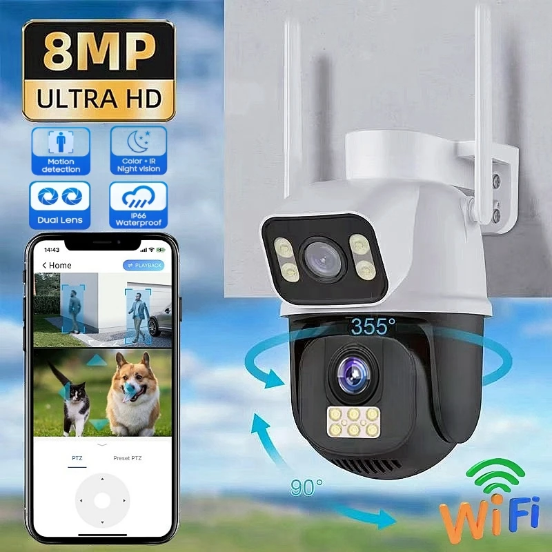 4K 8MP Duálne šošovky WiFi IP Camera Night Vision AI Human Detect PTZ Outdoor Video Camara Wireless V380 PRO CCTV Security Protection
