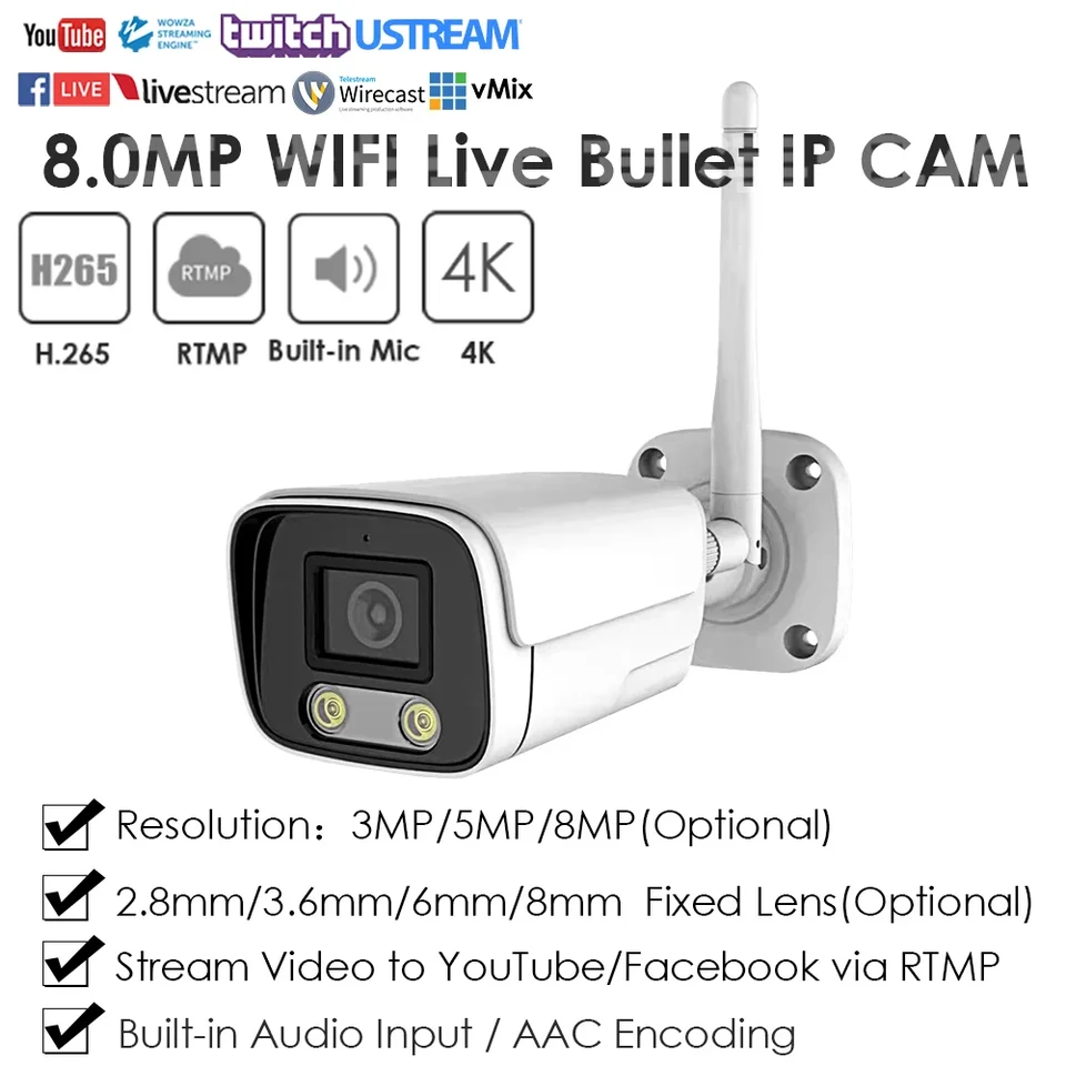 4K 8MP IMX415 Wireless WiFi RTMP IP fotoaparát CCTV IR IR DUAL LIVE LIVE STREAMING PUSH
