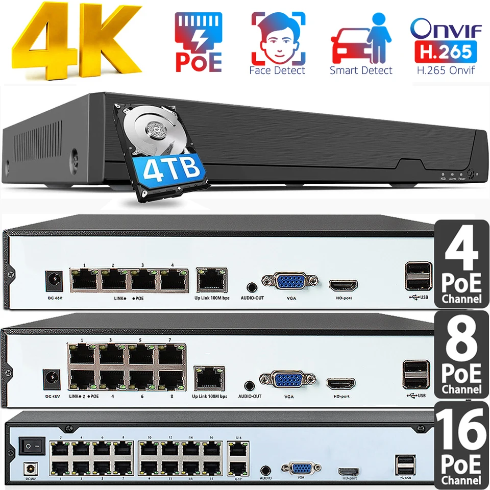 4K 8MP ONVIF NVR PoE 4-8-16ch NVR pre IP kamery CCTV Domáci bezpečnostný systém NVR Recorder H.265 Detect Recorder Network XMEYE XMEYE