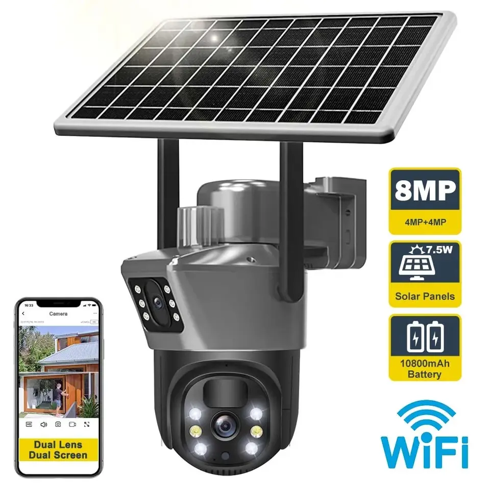 4K 8MP WiFi Solárna kamera s dvoma šošovkami Duálna obrazovka Outdoor bezpečnostná ochrana PTZ CAM PIR Human Detection CCTV Dohľad