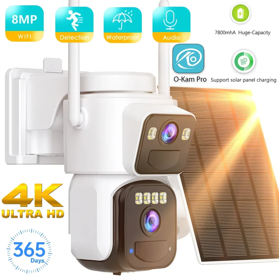 4K Duálne šošovky Solárne WiFi bezpečnostné kamery so solárnymi panelmi Color Night Vision Detection PIR MOWE DETECTION