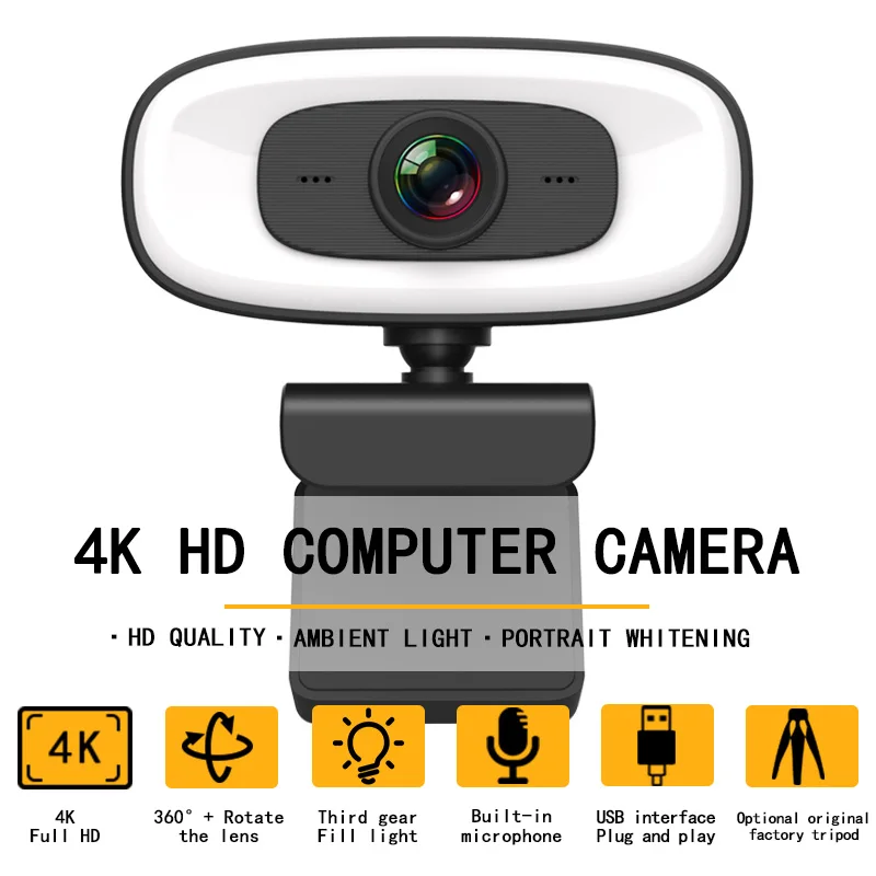 4K Mini Webcam s vysokým rozlíšením s mikrofónom, rozhranie USB podporujúce notebook, ktorý je vhodný pre videozáznamy na mieste