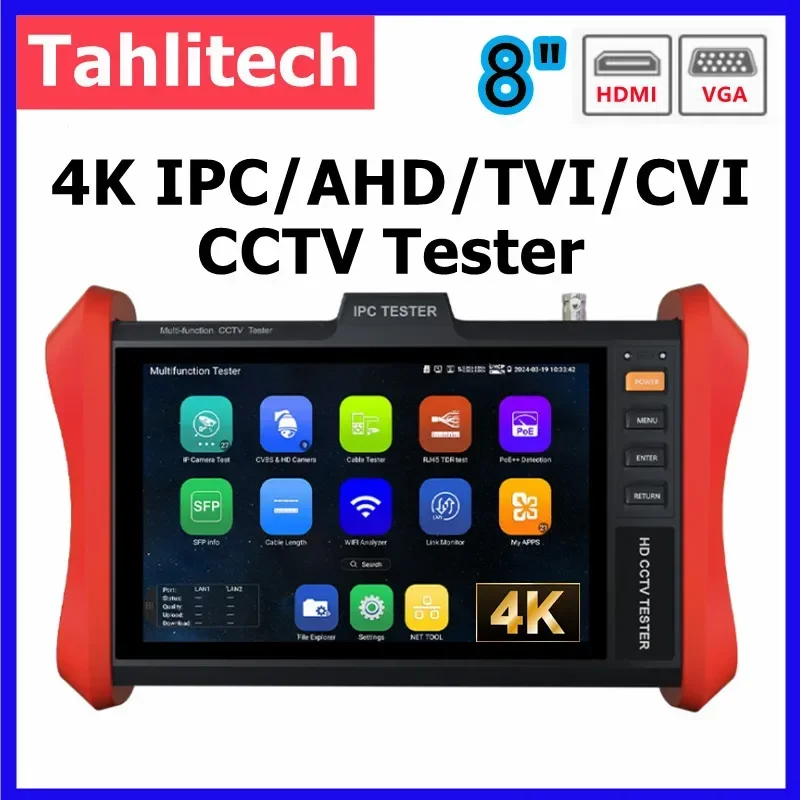 4K Monitor CCTV Tester Monitor 8 palcov Poe ++ 90W SFP 4K H.265 IP 8MP AHD/TVI/CVI CCTV CAMOAN TESTER HDMI & VGA