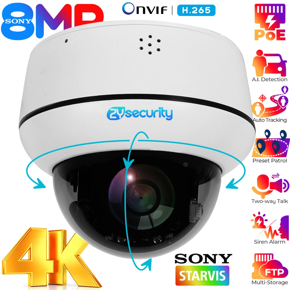 4K Poe Dome IP Camera Outdoor 8MP Automatické sledovanie bezpečnostnej kamery PTZ Človek/vozidlo detekovať vnútorné dvojcestné zvukové ir nočné videnie Cam