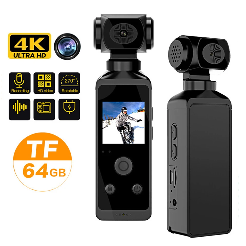 4K Ultra HD Pocket Action Camera 270 ° Rotabovateľná vlog wifi mini športová vačka nepremokavá puzdro prilba cestovná bicykel Recorder